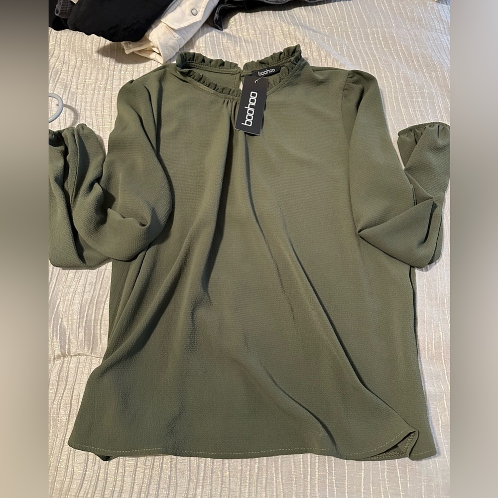 Frill neck long sleeve woven blouse